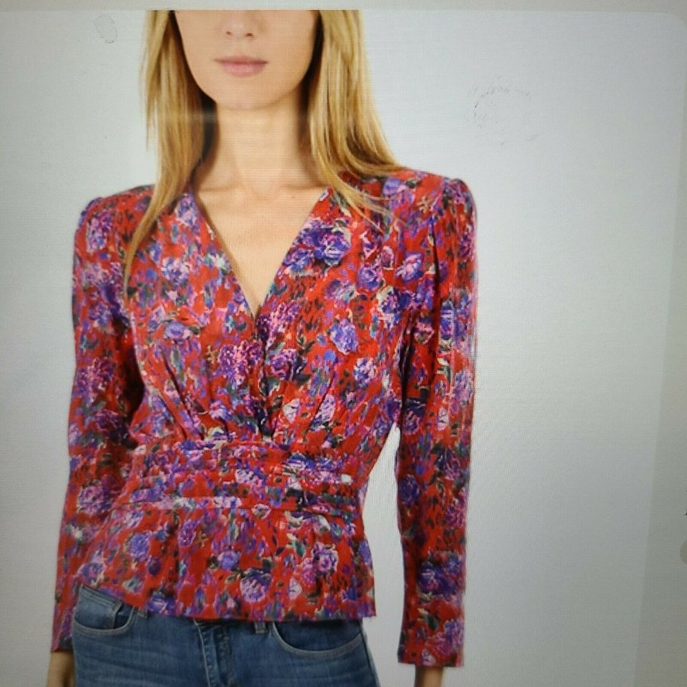 Iro Paris Hurl Blouse Red Floral V Neckline Long Sleeve sz EUR 34 US 0-2 XS